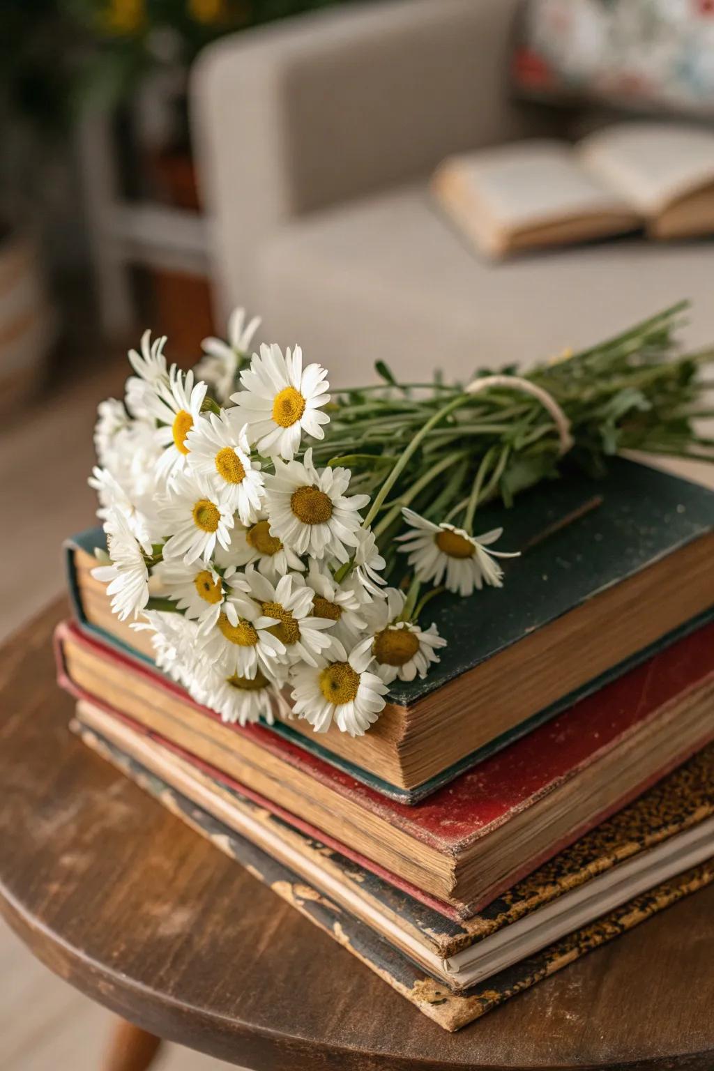 A stack of books adds height and style to a daisy display.