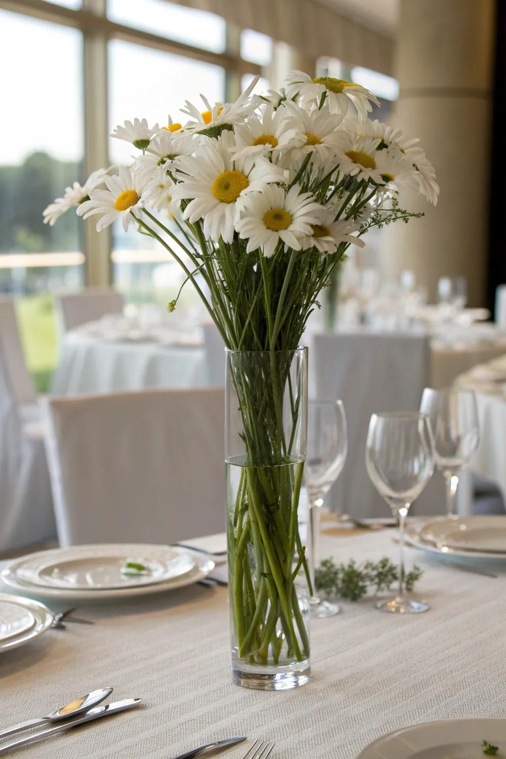 An elegant glass vase makes daisies perfect for a formal dinner.