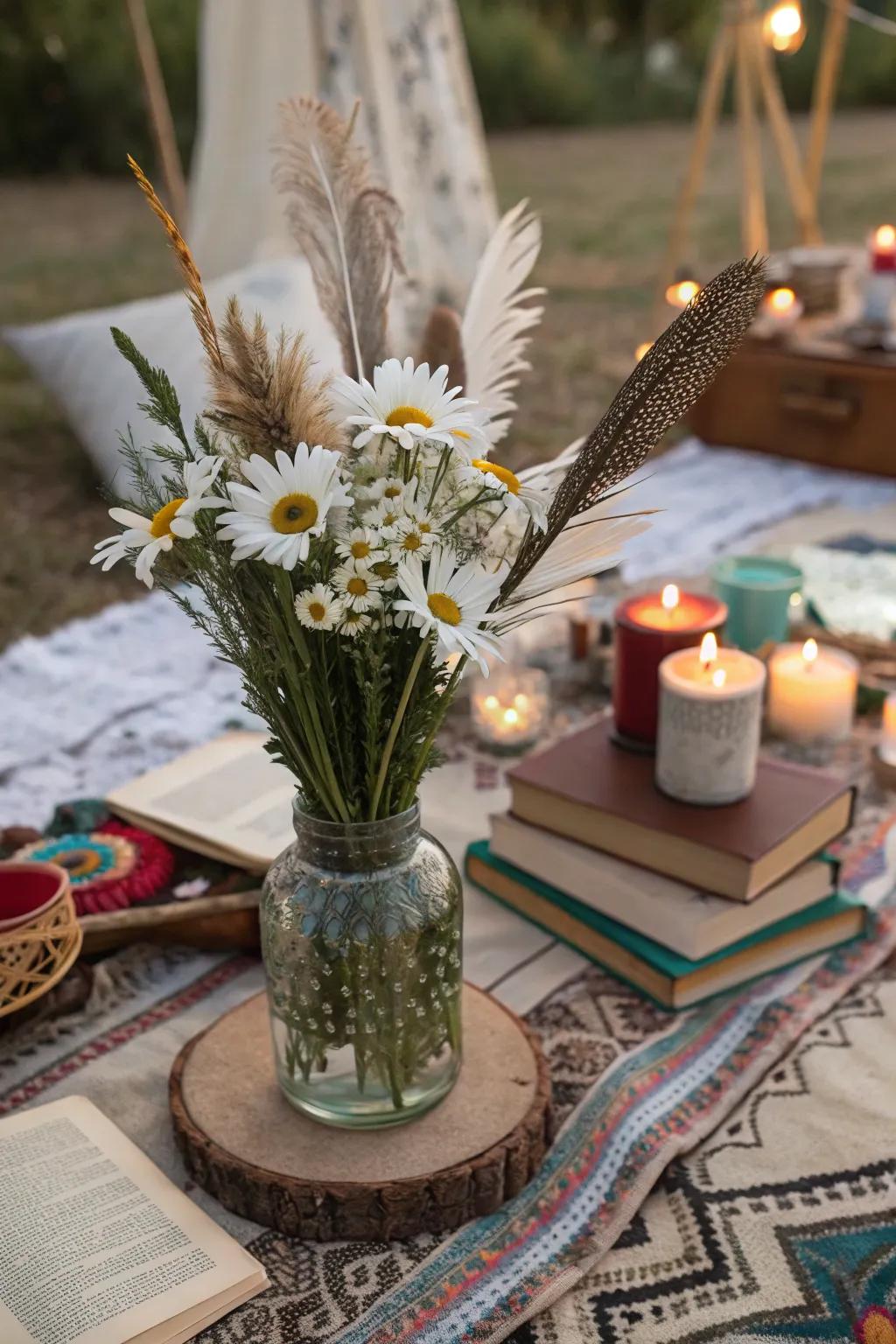 Daisies and feathers make for a whimsical centerpiece.