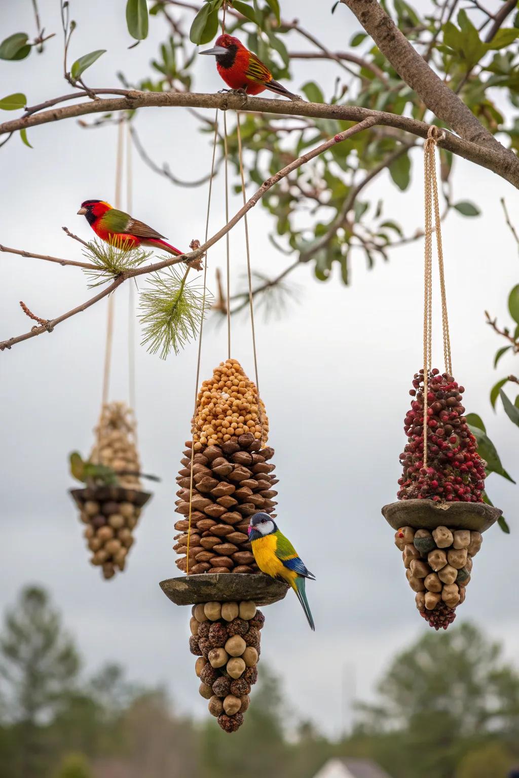 Pinecone bird feeders provide food and entertainment for bird lovers.