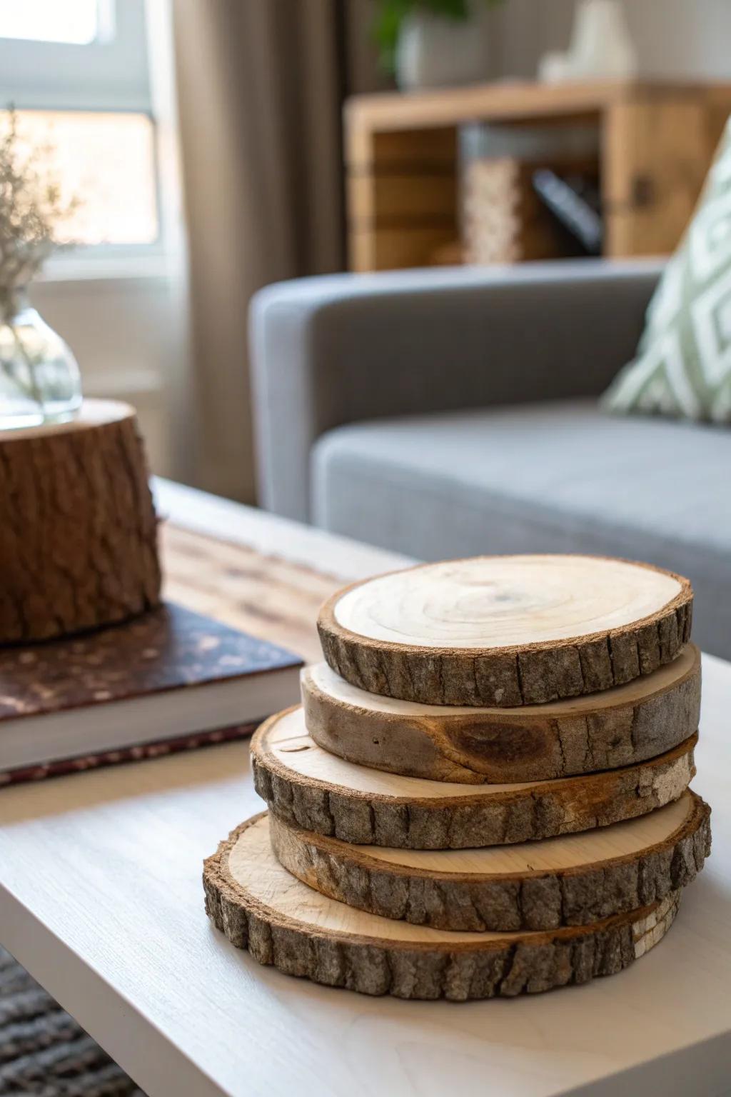 Wood slice coasters bring a natural element to your home decor.