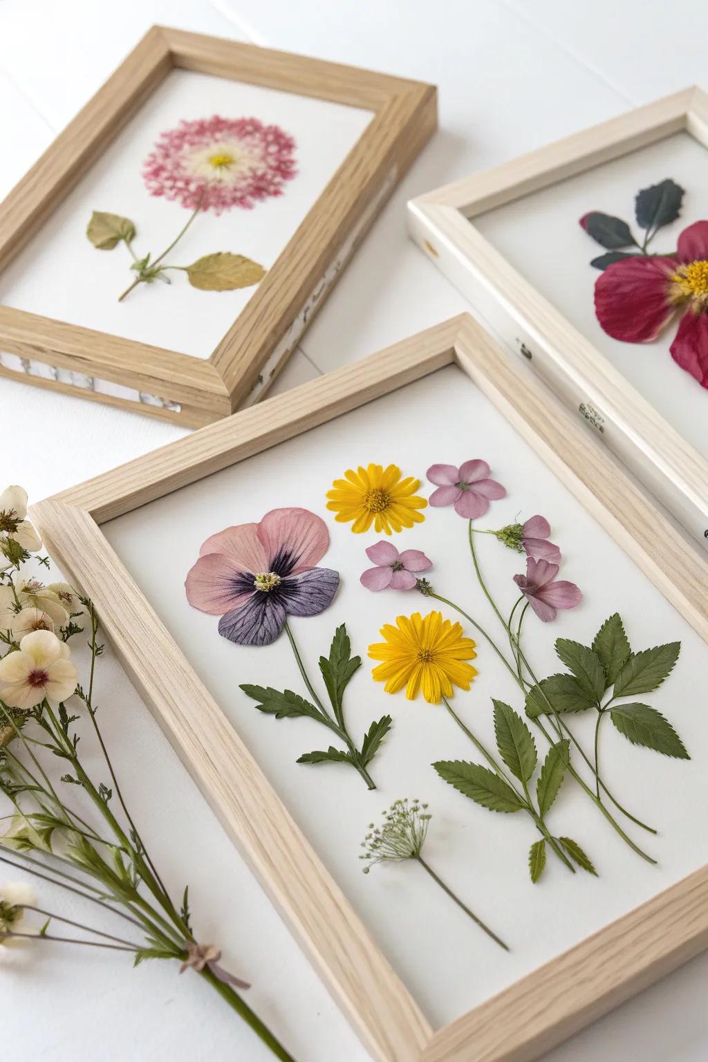 Pressed flower art preserves nature's beauty in delicate displays.