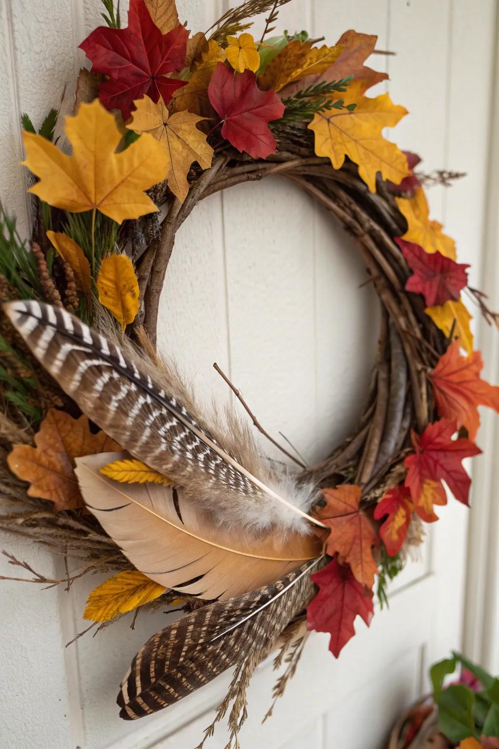 Introduce texture with a feather-adorned wreath.