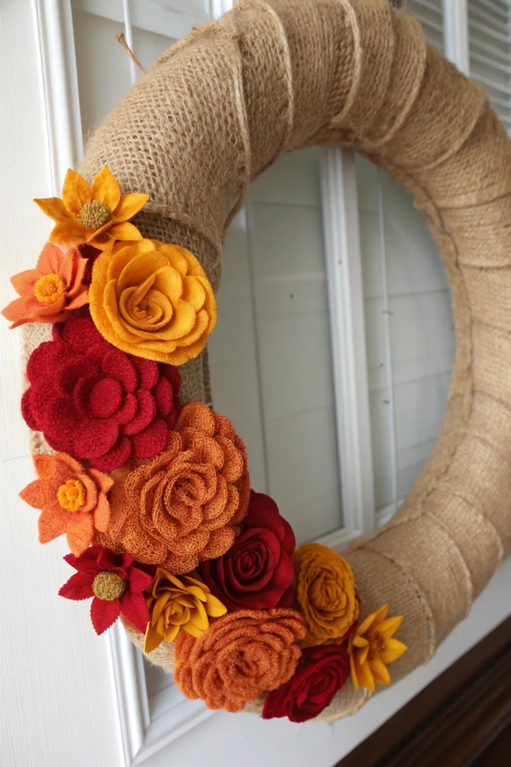 Rustic elegance with a burlap base and vibrant felt flowers.