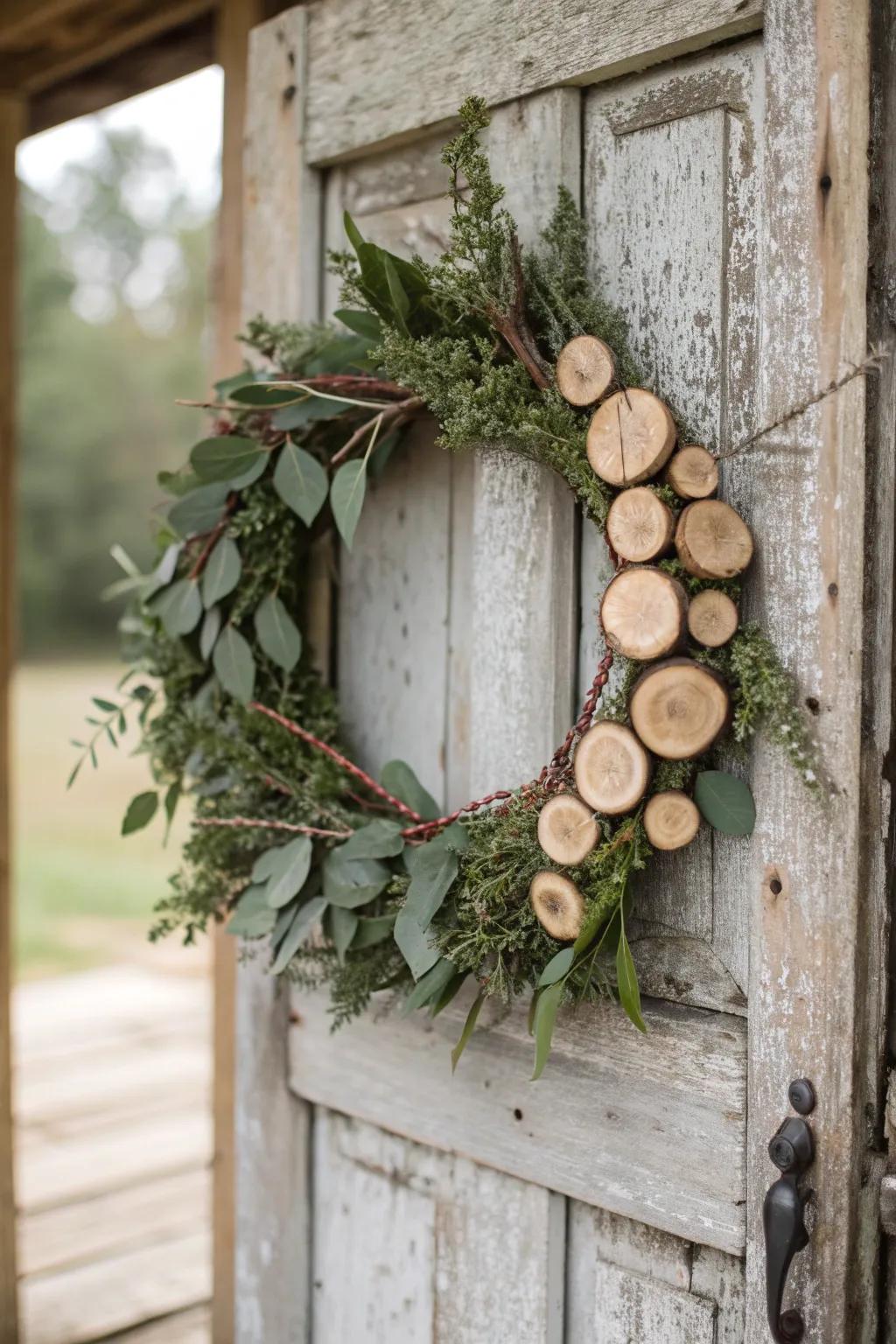 Craft a unique wreath with wood slices and greenery.