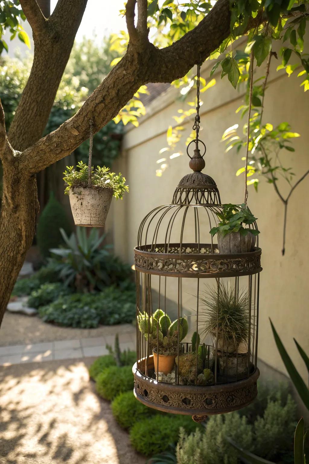 A whimsical bird cage garden with mini cacti.