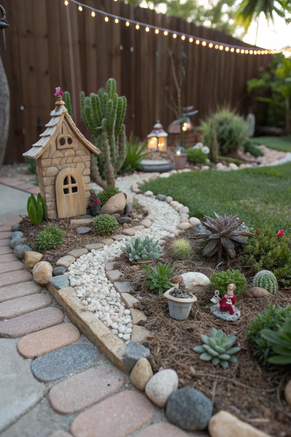 A magical cactus fairy garden with figurines and paths.