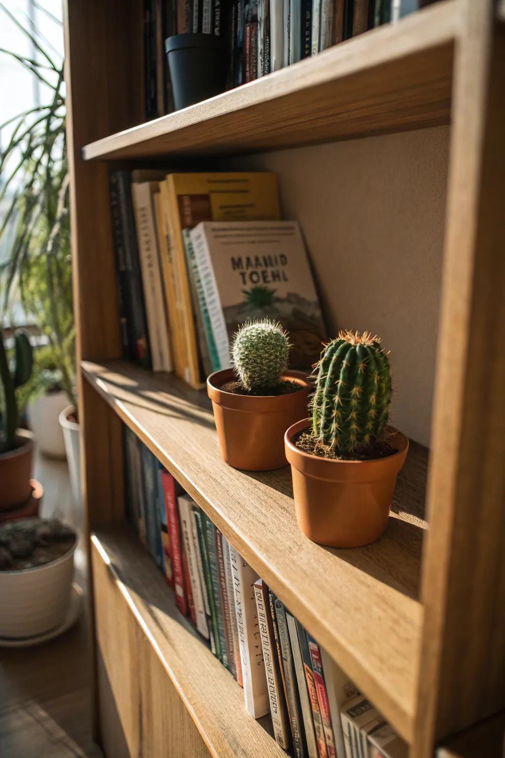 A refreshing bookshelf makeover with mini cacti.