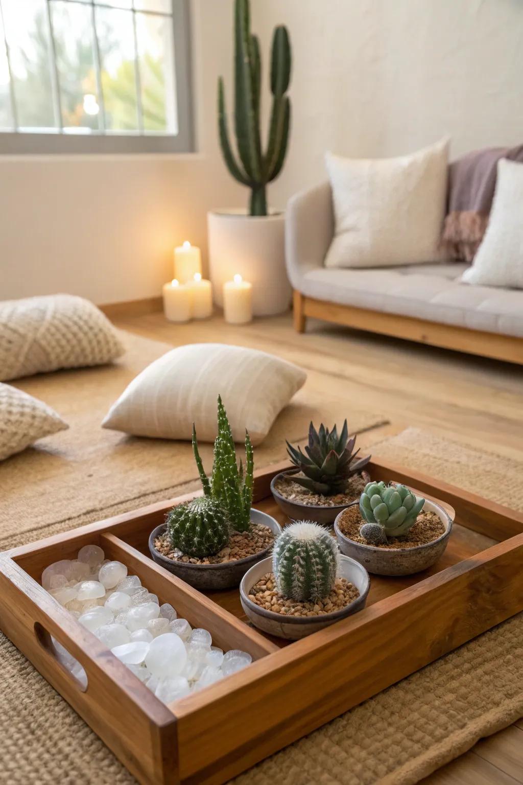 A harmonious display of mini cacti and crystals.