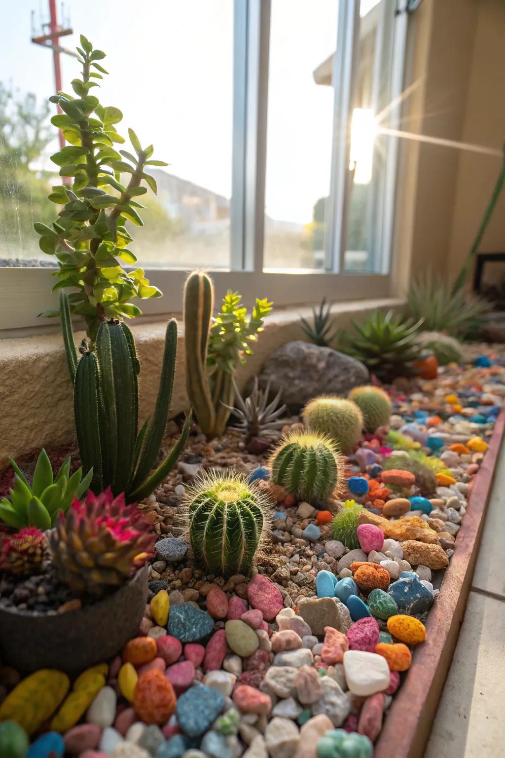 A colorful rock garden with mini cacti and stones.