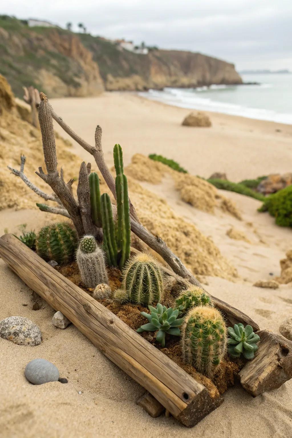A natural fusion of mini cacti and driftwood.