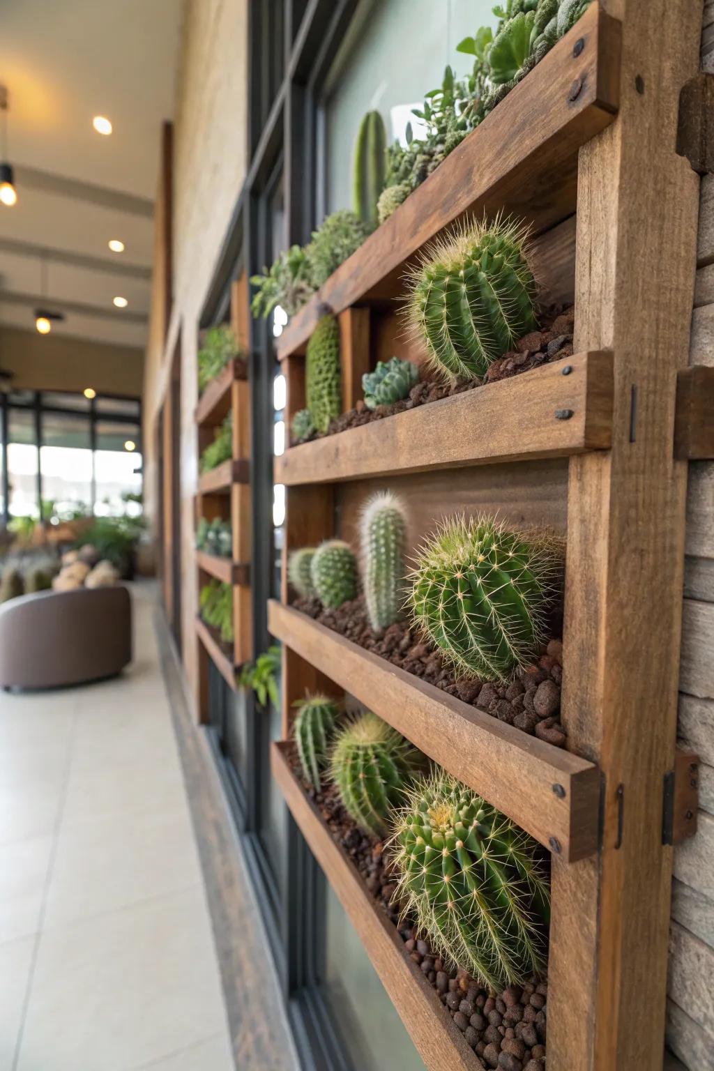 A striking vertical wall garden featuring mini cacti.