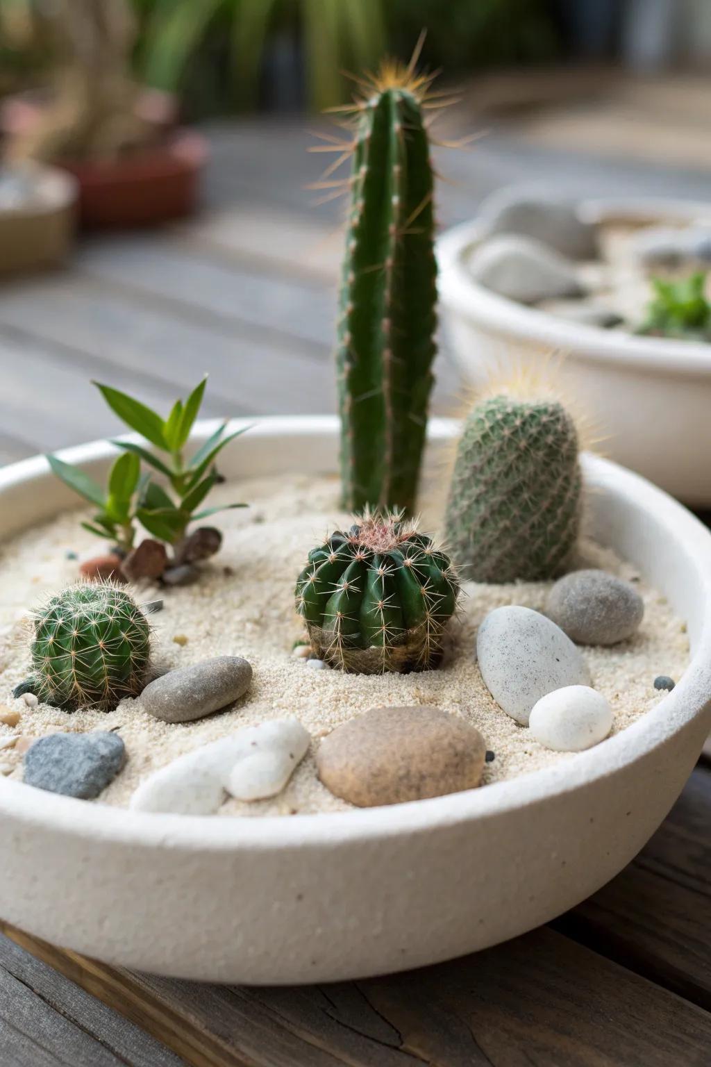 A tranquil zen garden featuring mini cacti, sand, and stones.