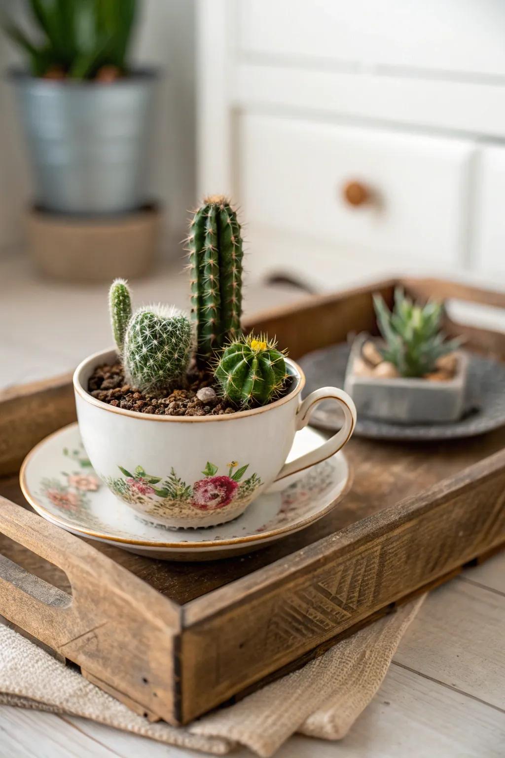 A charming mini cactus garden nestled in a vintage tea cup.