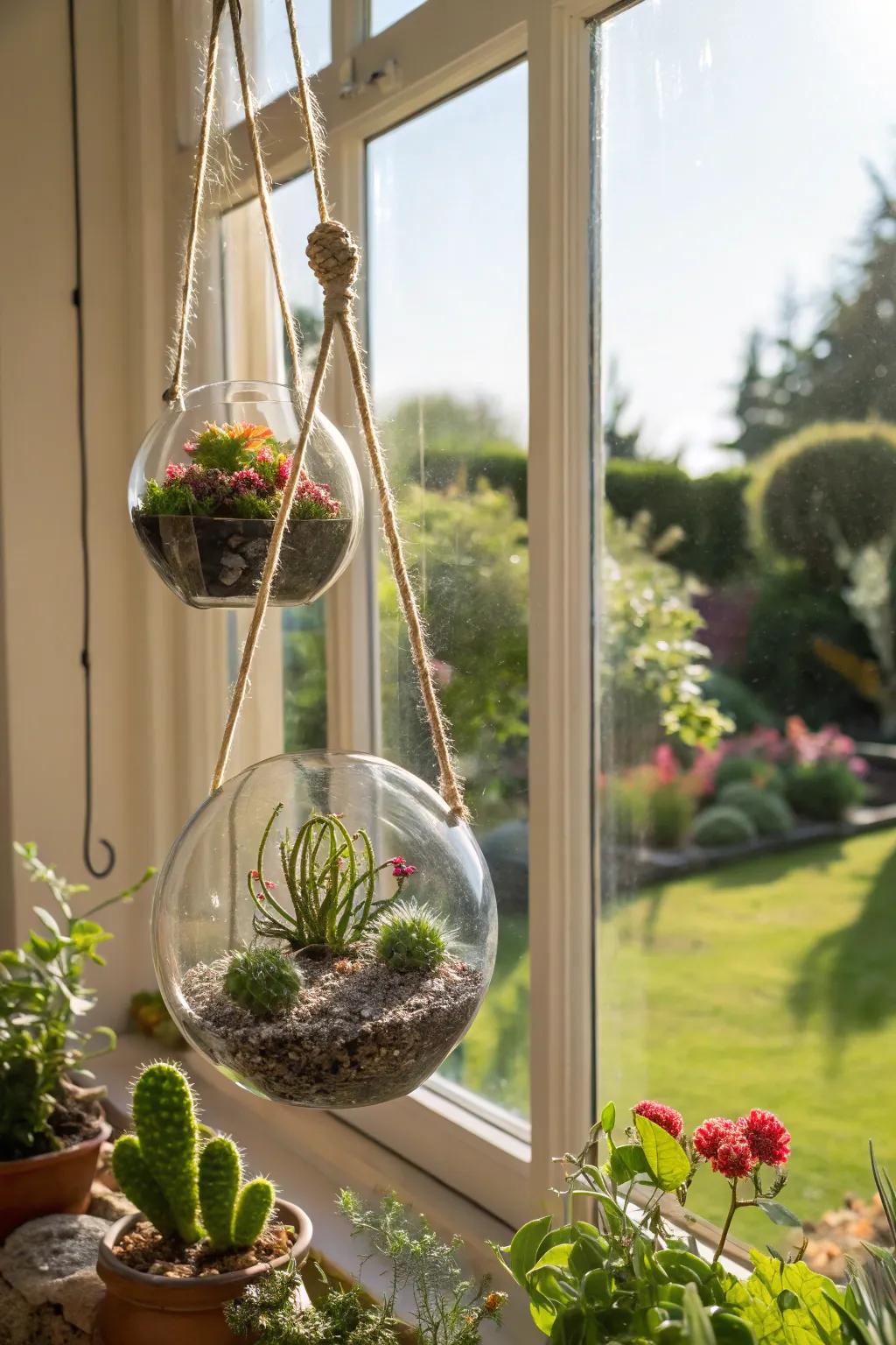 Elegant hanging glass terrariums showcasing mini cacti.