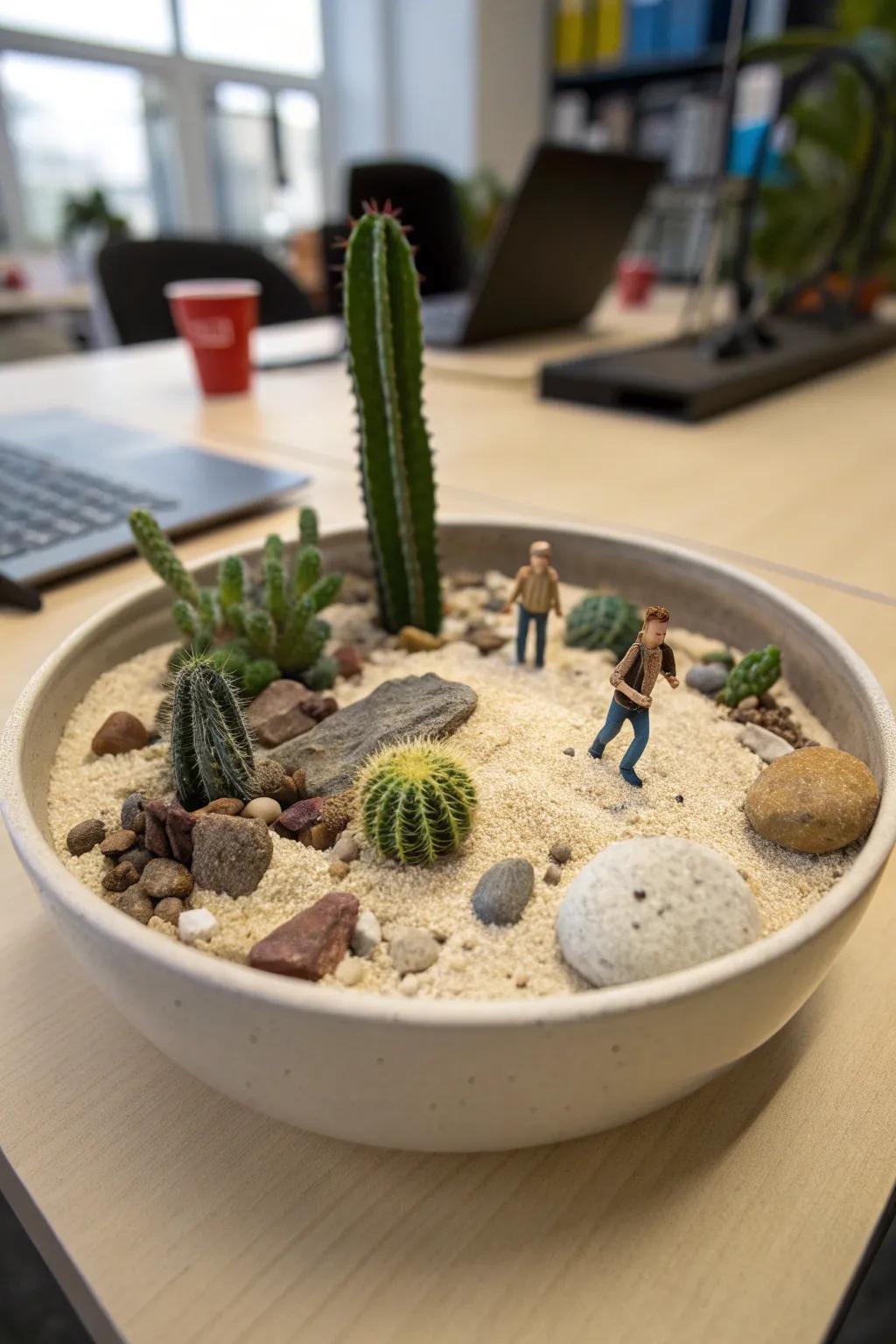 A miniature desert oasis complete with tiny figures.