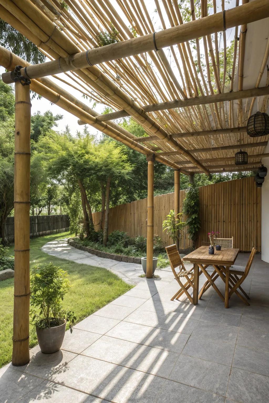 Create a shaded retreat with bamboo patio roofing.