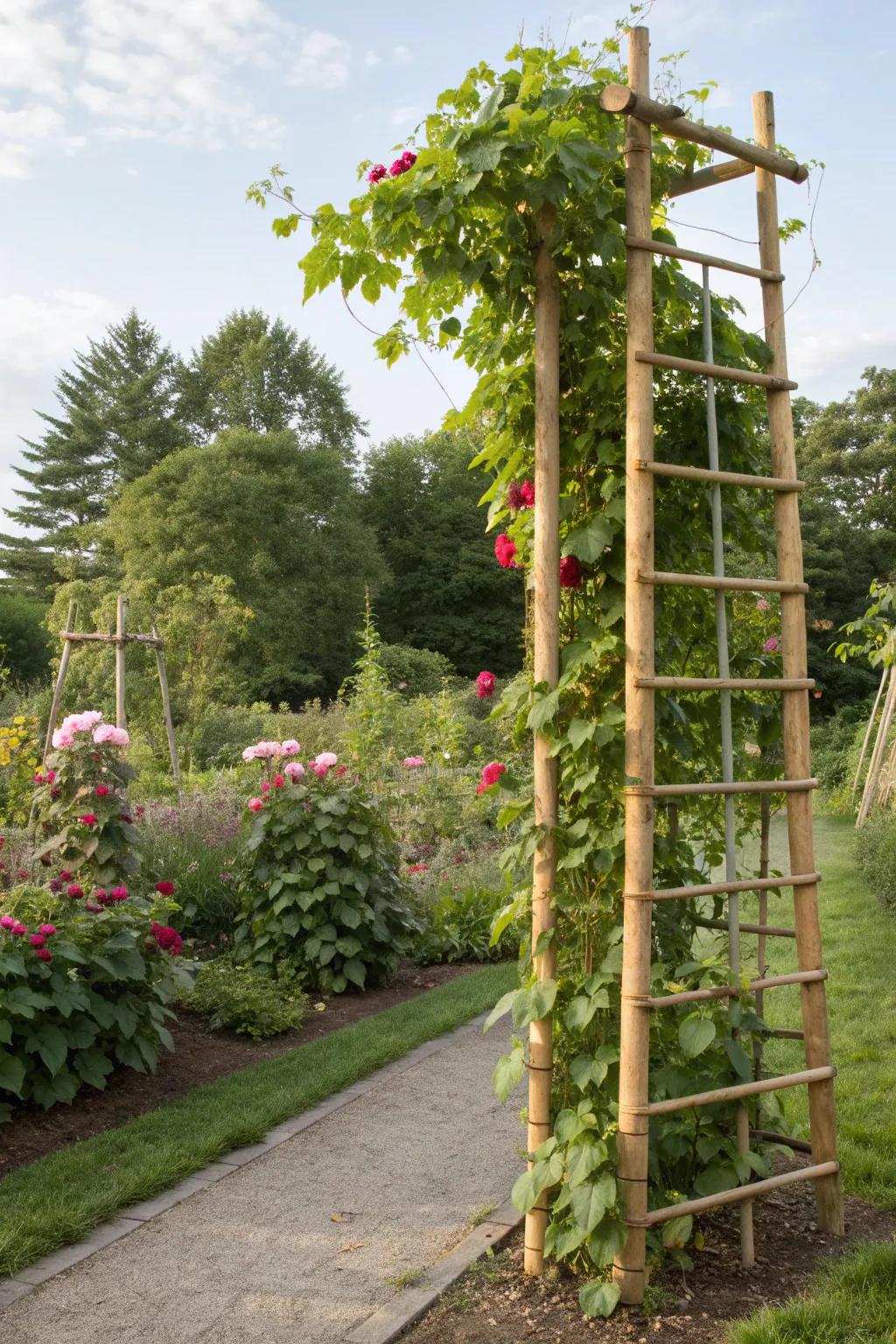 Bamboo trellises add height and support to gardens.