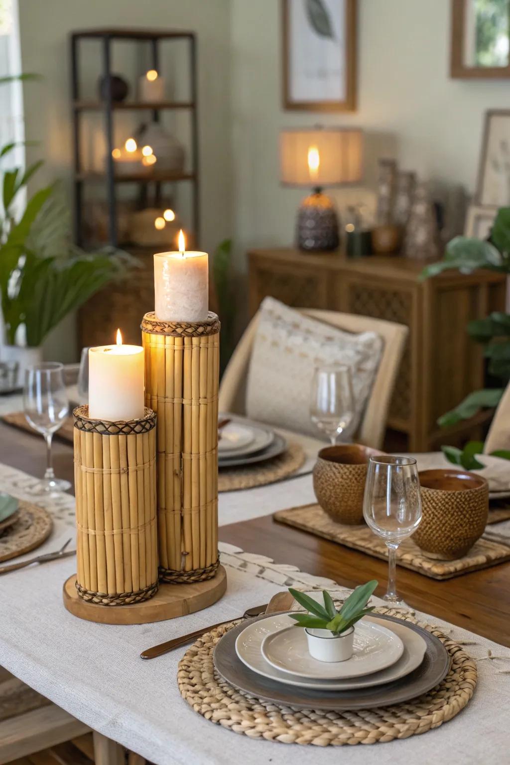 Bamboo candle holders add warmth to any room.