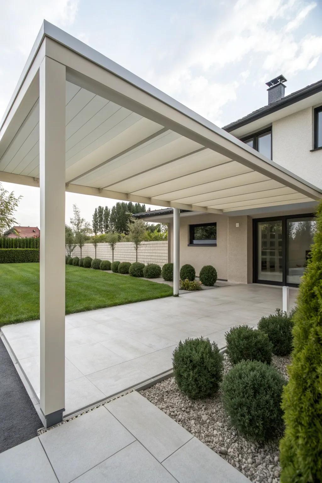 A modern minimalist pergola carport accentuating a home's modern architecture.