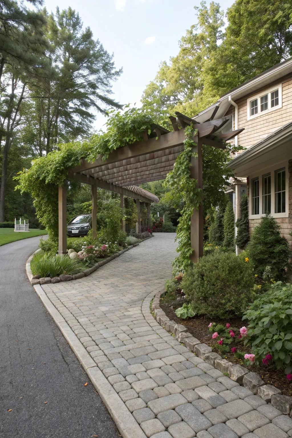 A driveway-embedded pergola carport enhancing curb appeal.