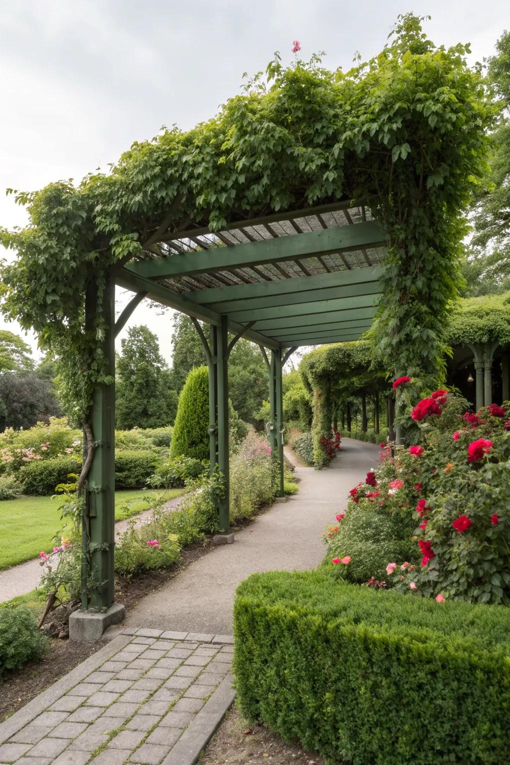 A pergola carport beautifully camouflaged by climbing plants.