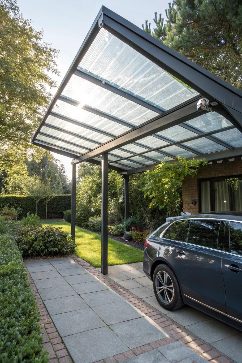 A pergola carport featuring a light-filtering polycarbonate roof.