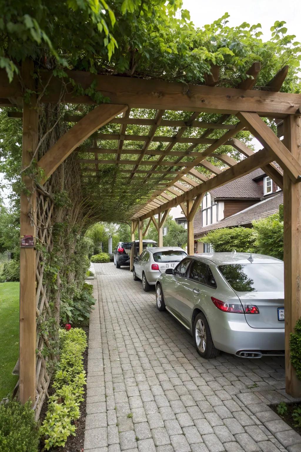 A pergola carport accommodating multiple vehicles with style.