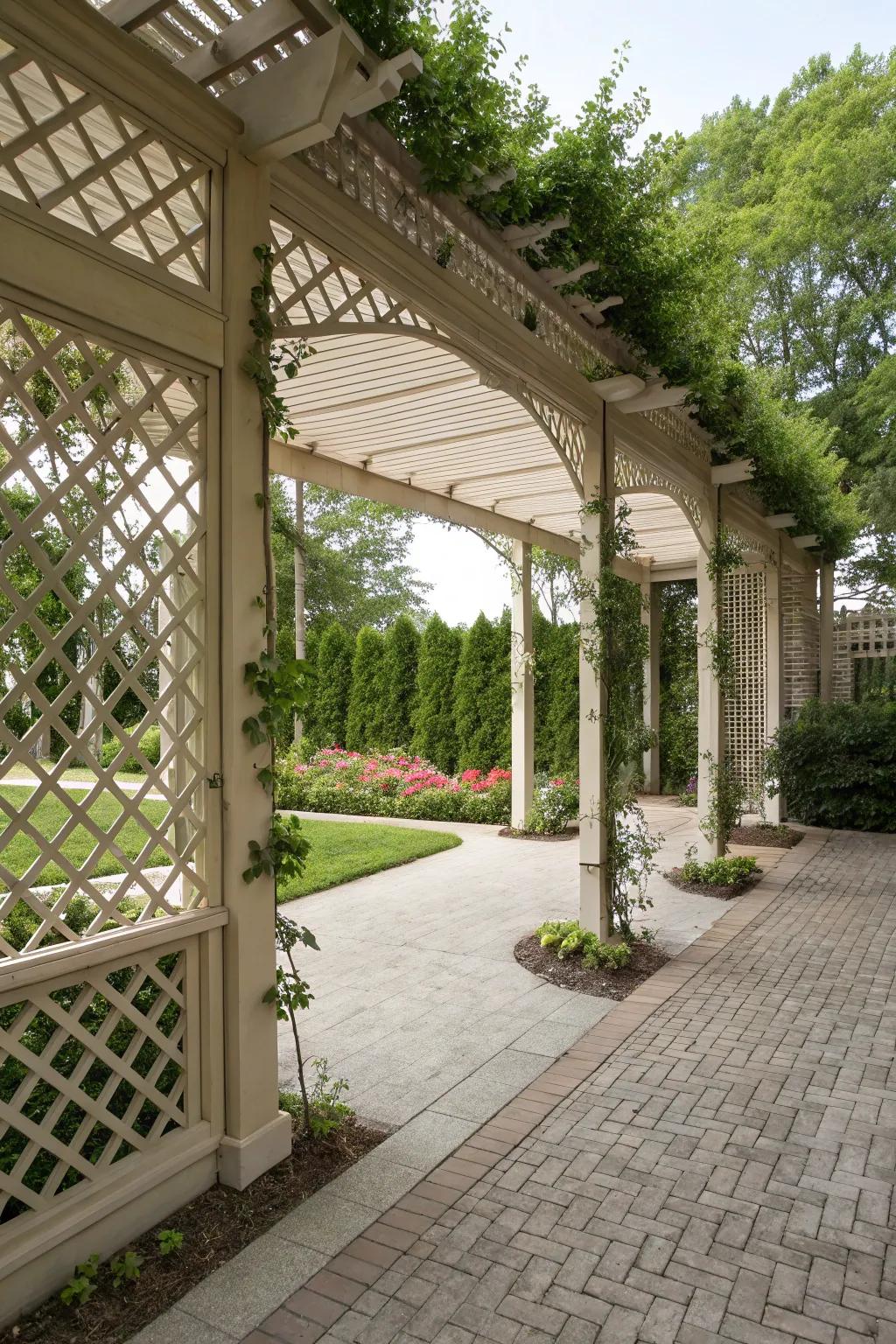 A pergola carport with a privacy screen enhancing seclusion.