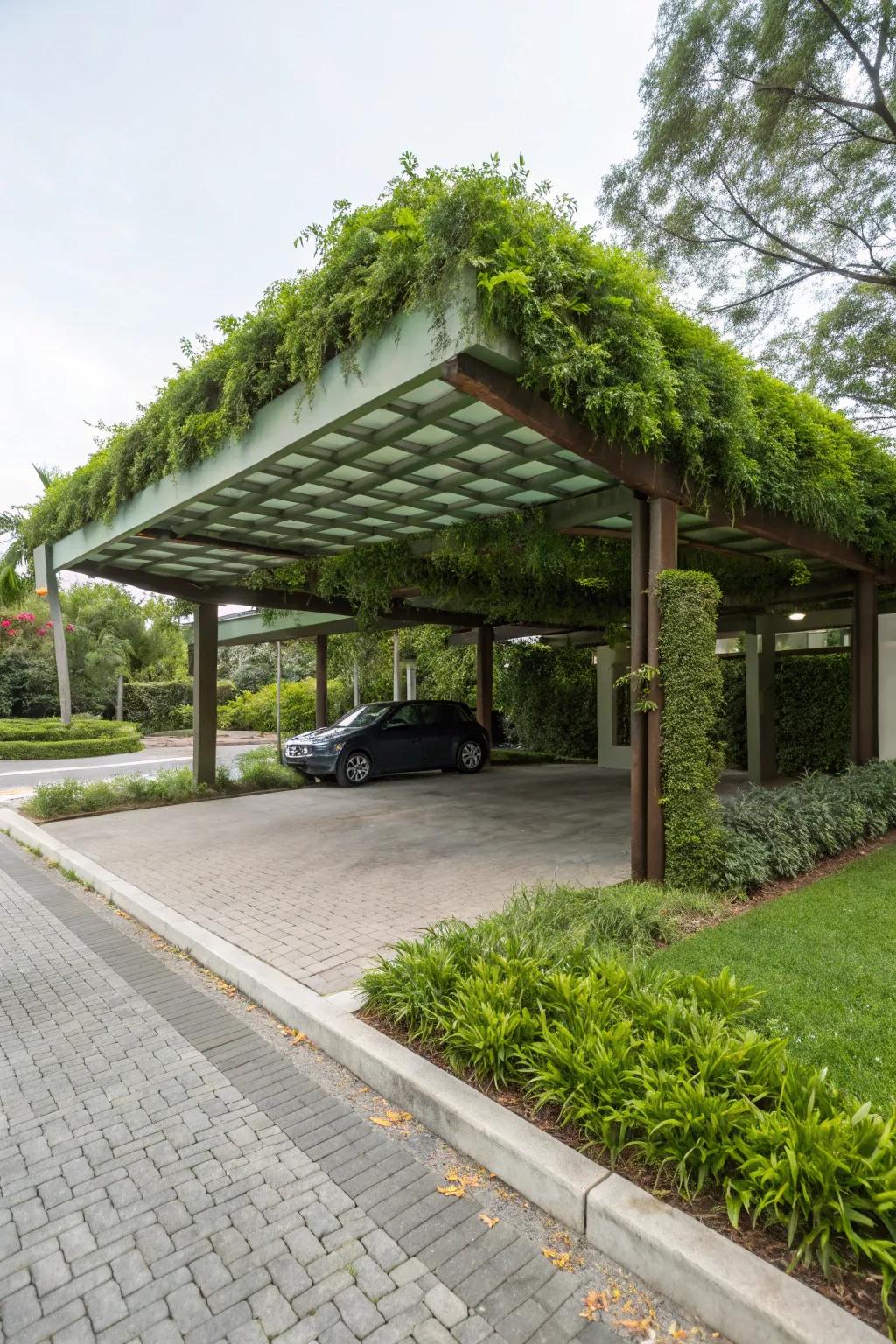 A pergola carport featuring an eco-friendly green roof.