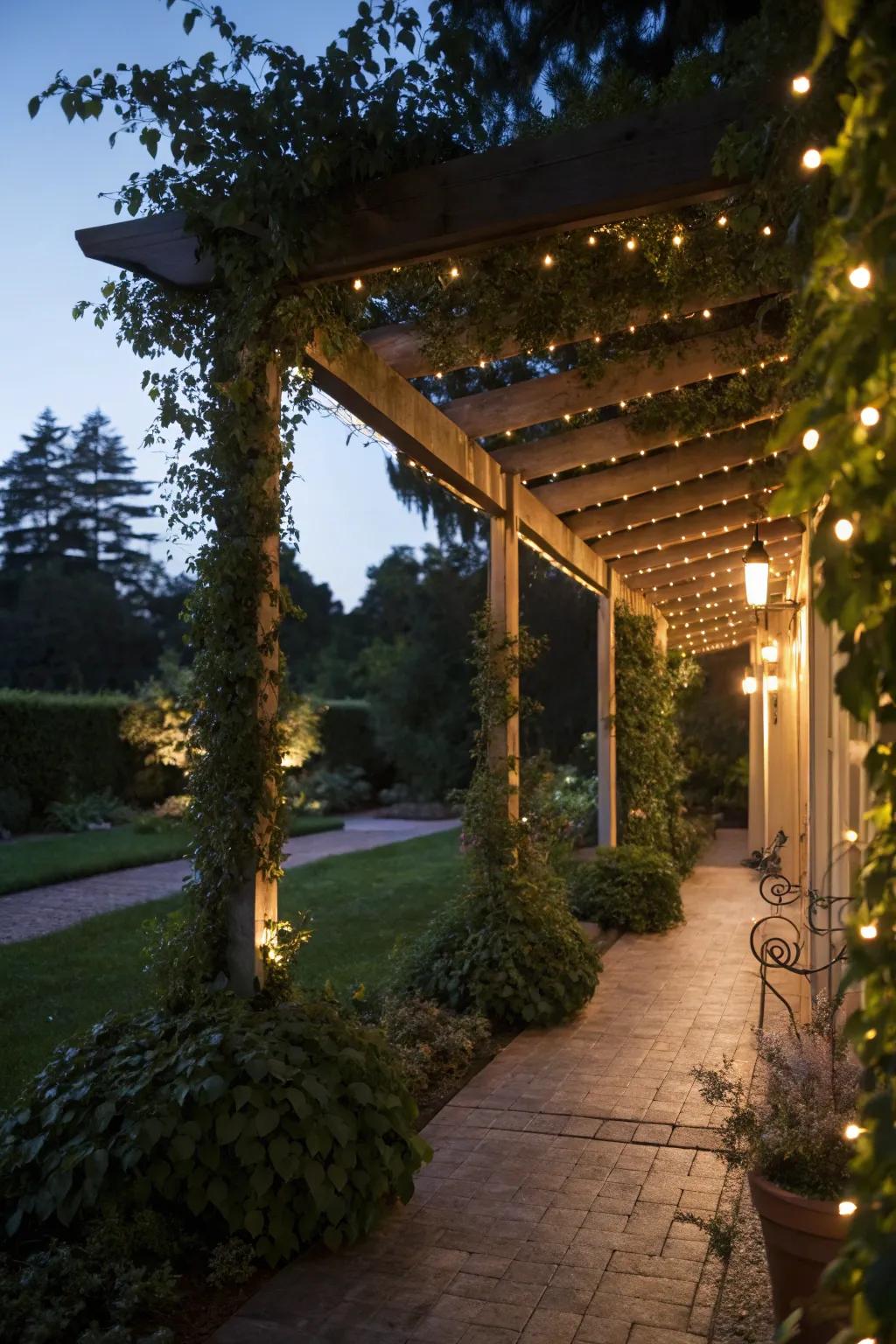 A pergola carport with integrated lighting for evening ambiance.