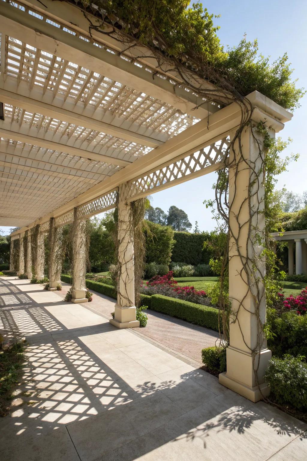 A pergola carport adorned with decorative lattice elements.