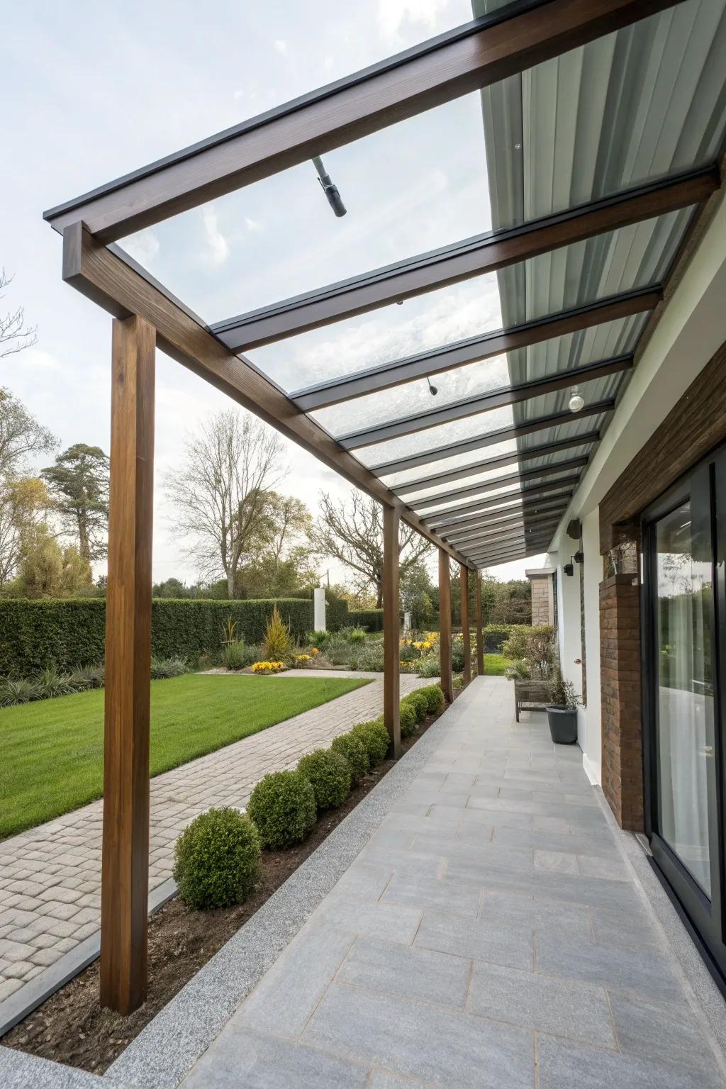 A pergola carport with modern glass panels for a bright, stylish look.
