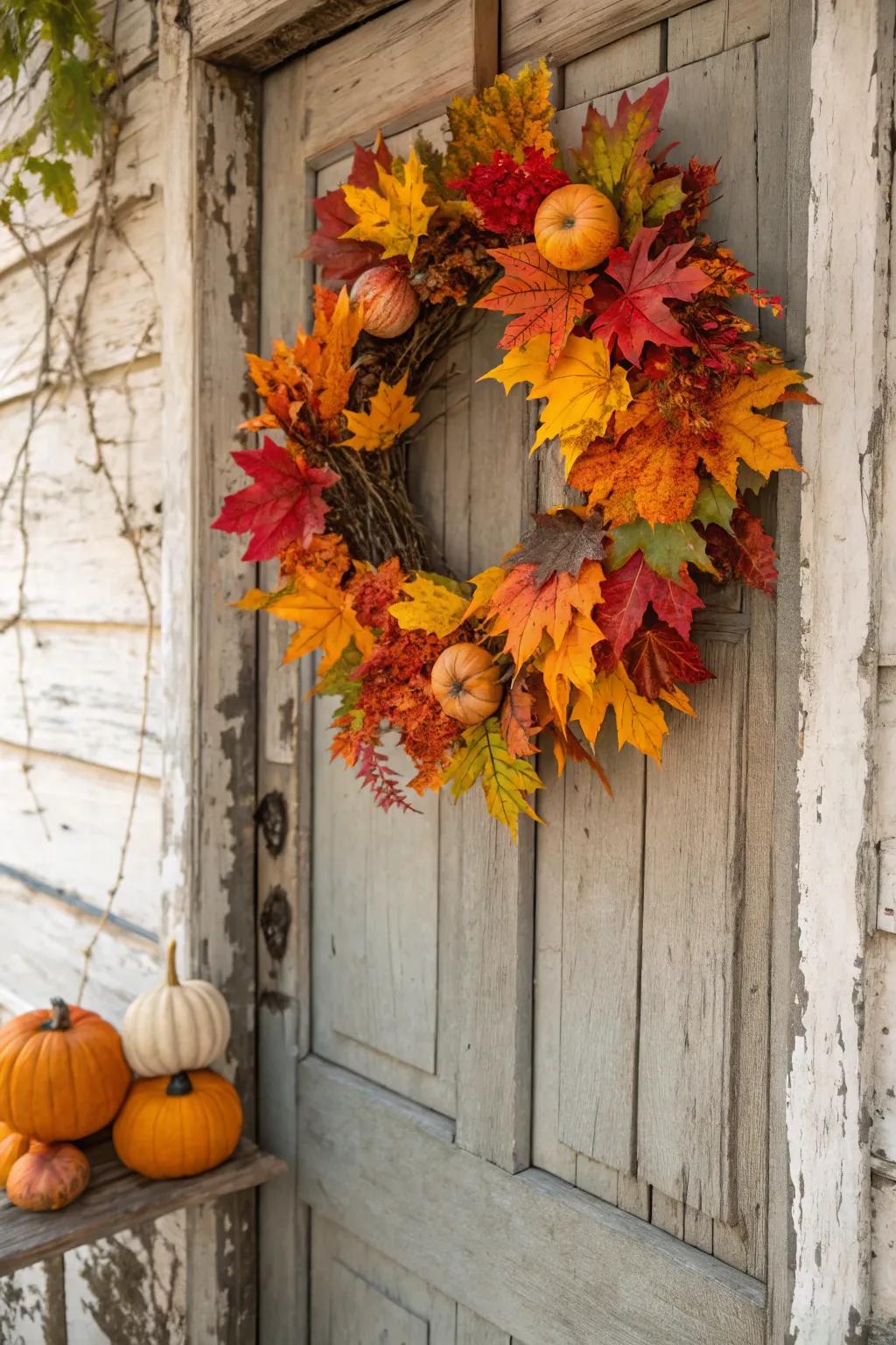 A pumpkin patch wreath perfect for celebrating the fall season.