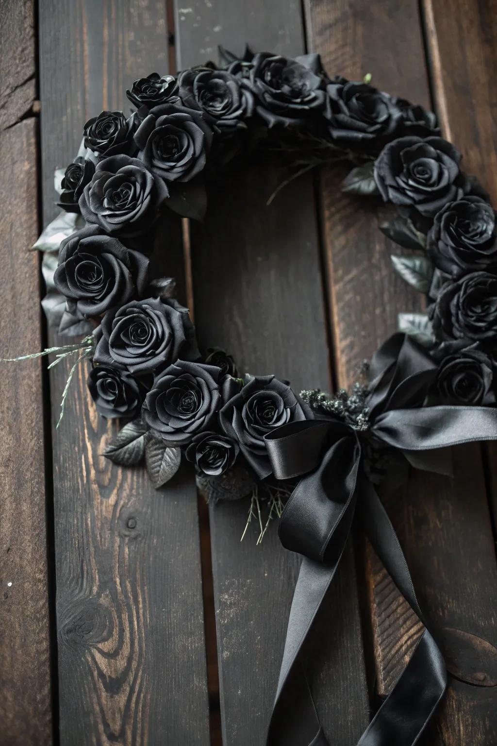 A glamorous gothic wreath that combines elegance with Halloween spirit.