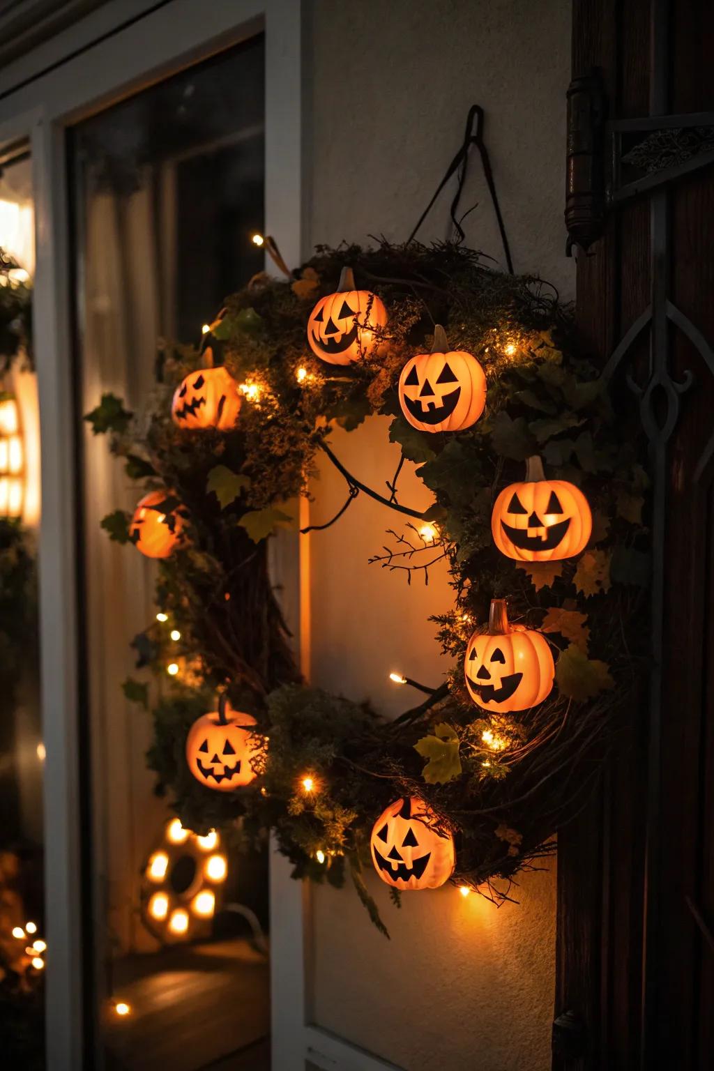 A jack-o'-lantern wreath that adds a glowing welcome to Halloween.