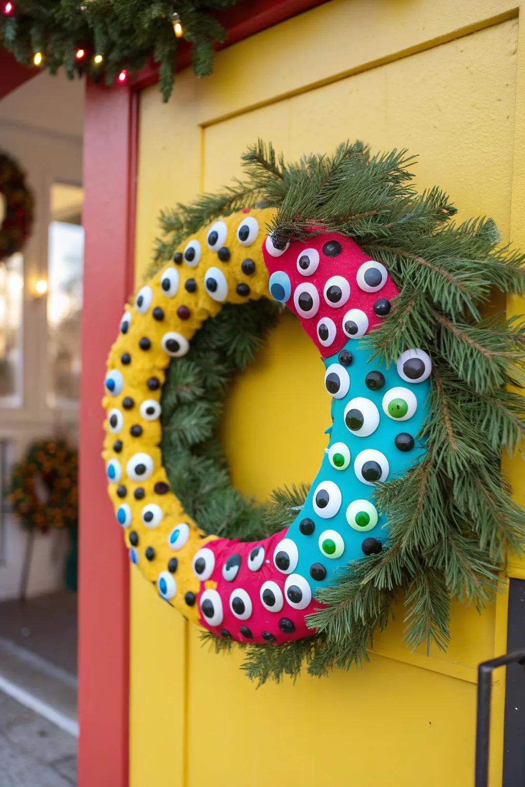 An eyeball wreath that keeps a watchful eye on Halloween visitors.