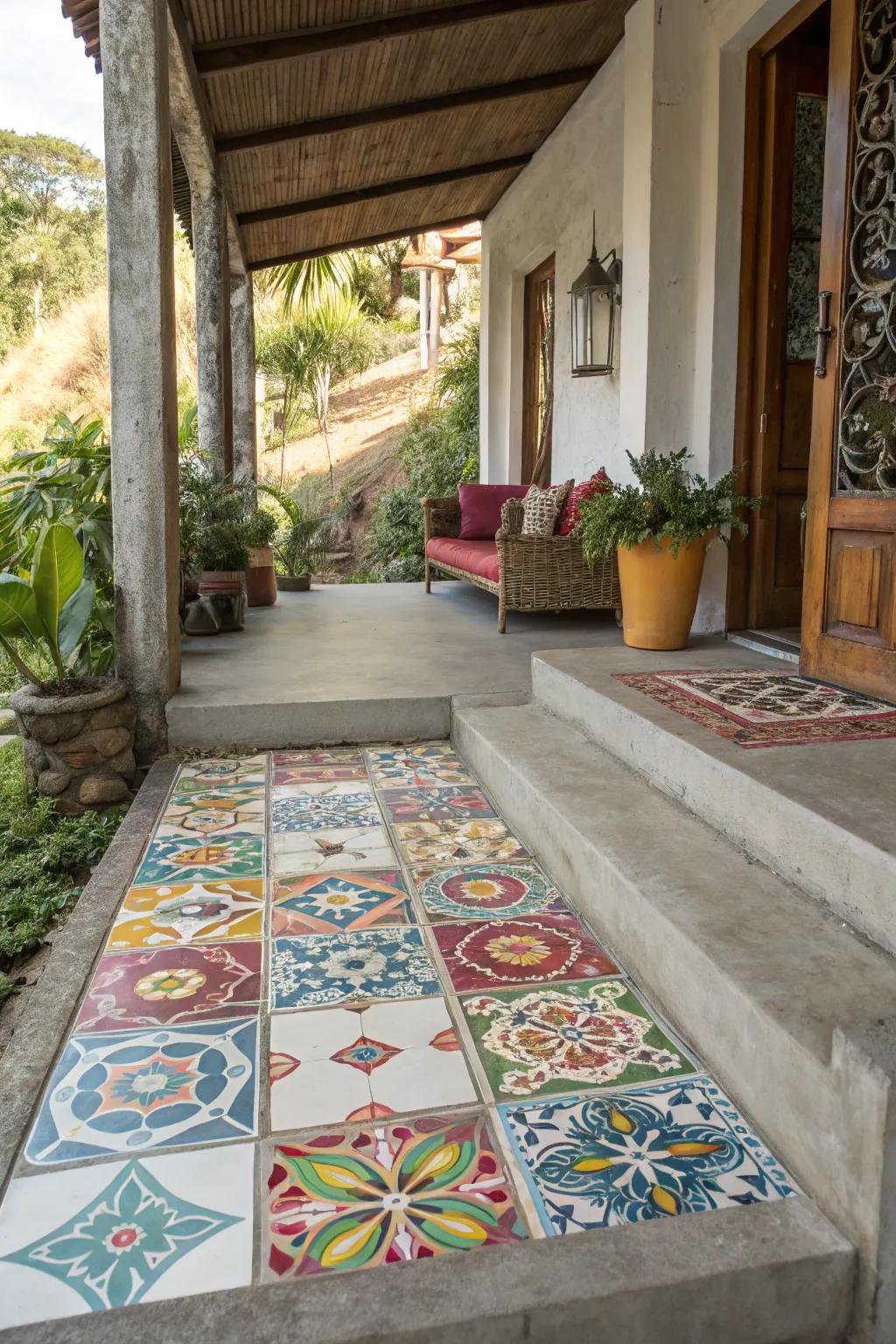 Create a lively porch with patterned tiles.
