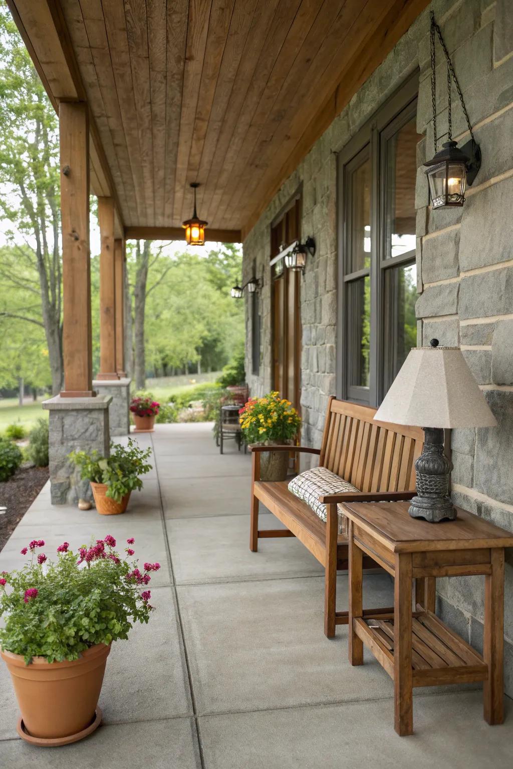 Add warmth with wood accents on your porch.