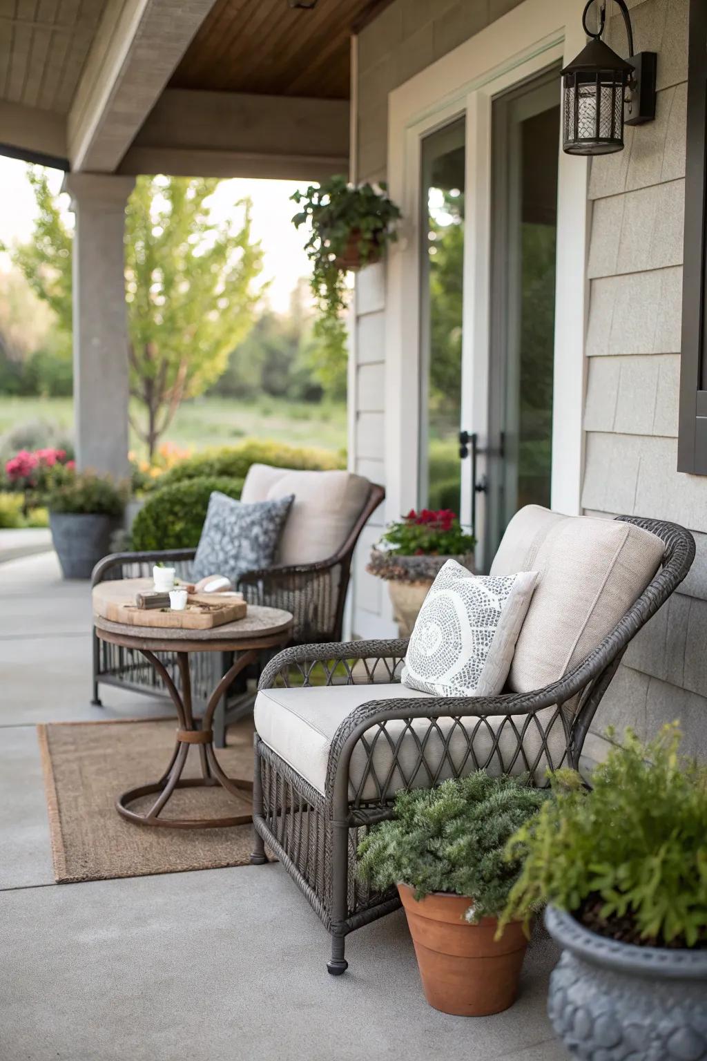 Create a cozy nook with outdoor furniture.