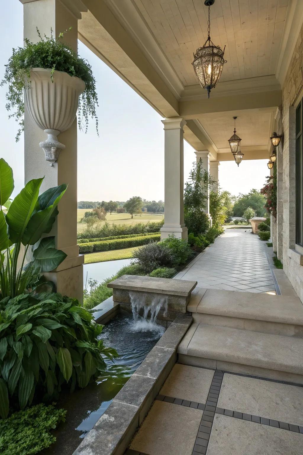 Introduce tranquility with a porch water feature.