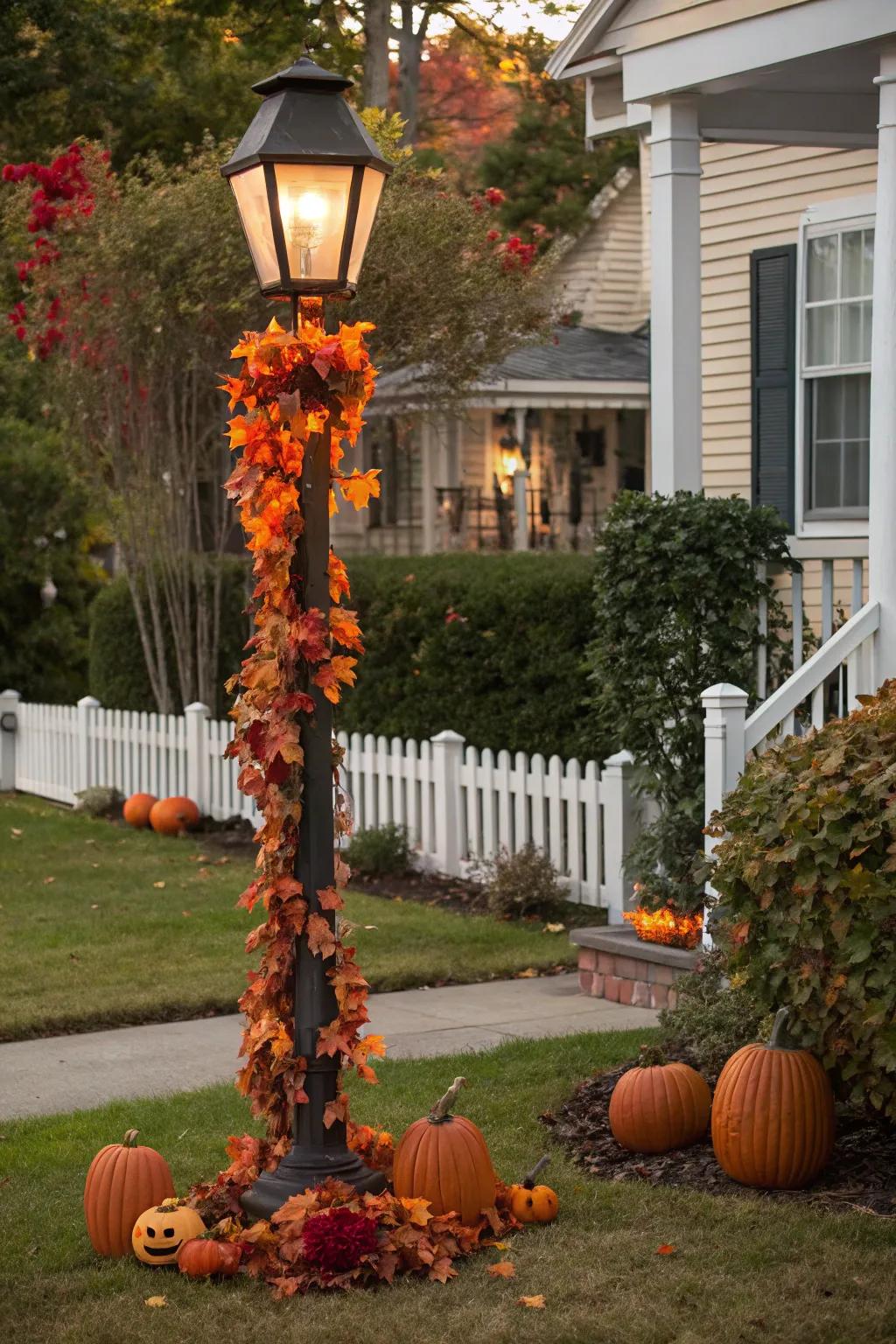 A lamp post adorned with vibrant autumn leaves and pumpkins