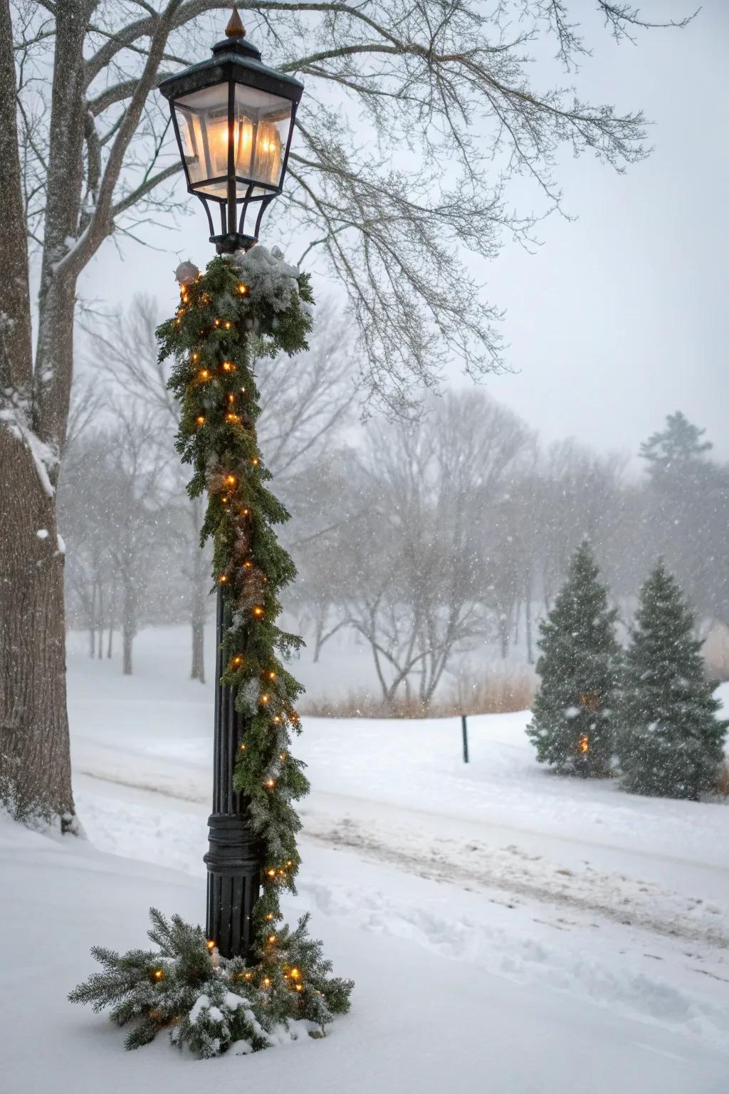 Winter-themed lamp post with pine garlands and lights