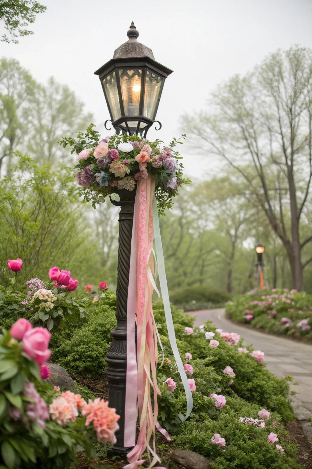 Spring-inspired lamp post with flowers and ribbons