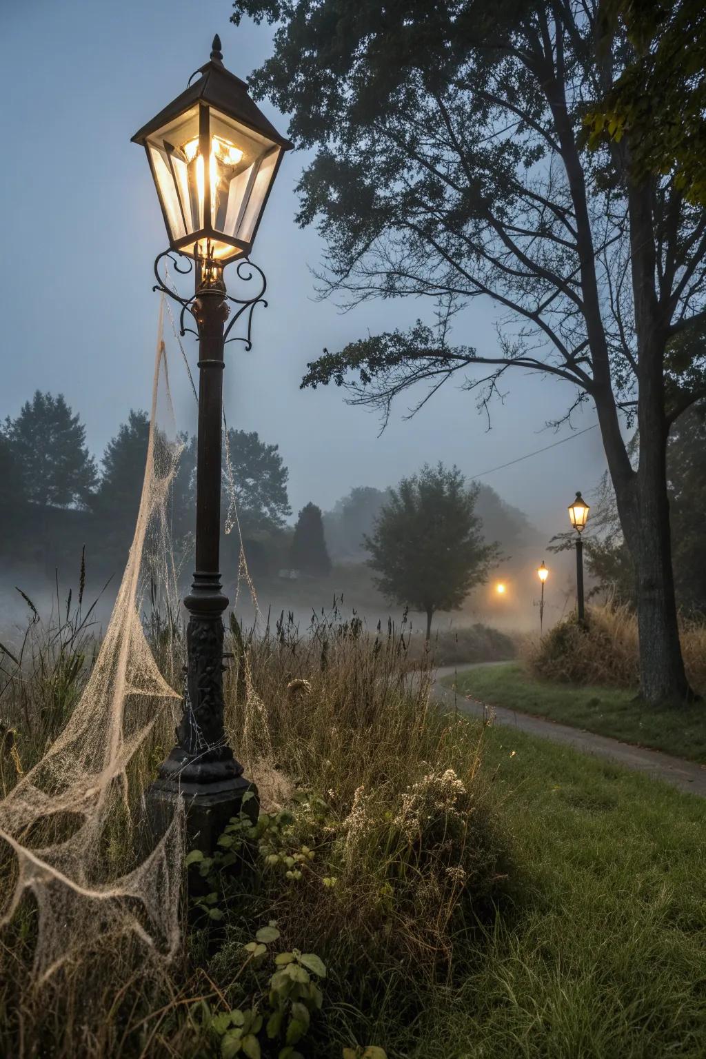 Haunted Halloween lamp post with cobwebs and silhouettes
