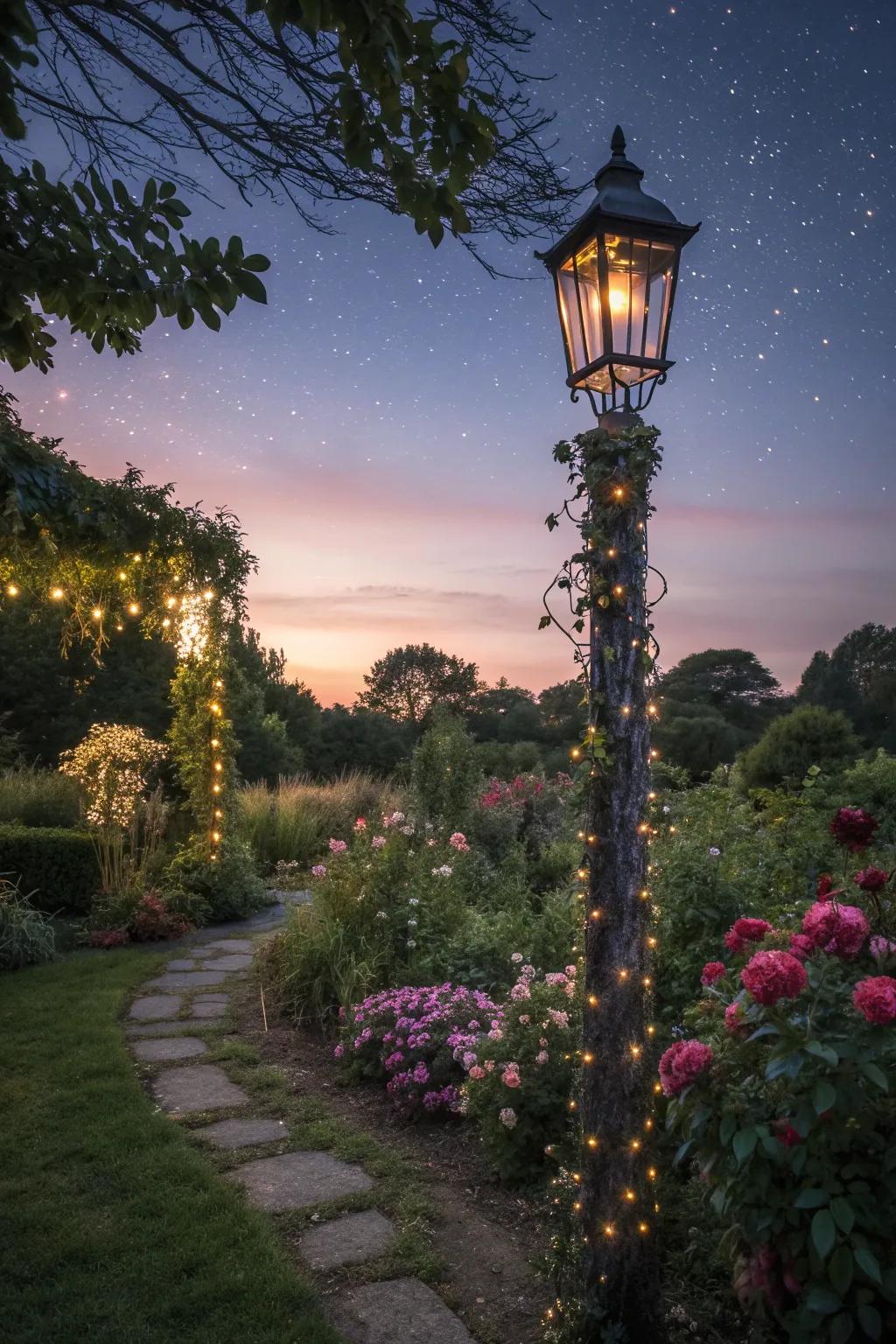 Whimsical lamp post with fairy lights