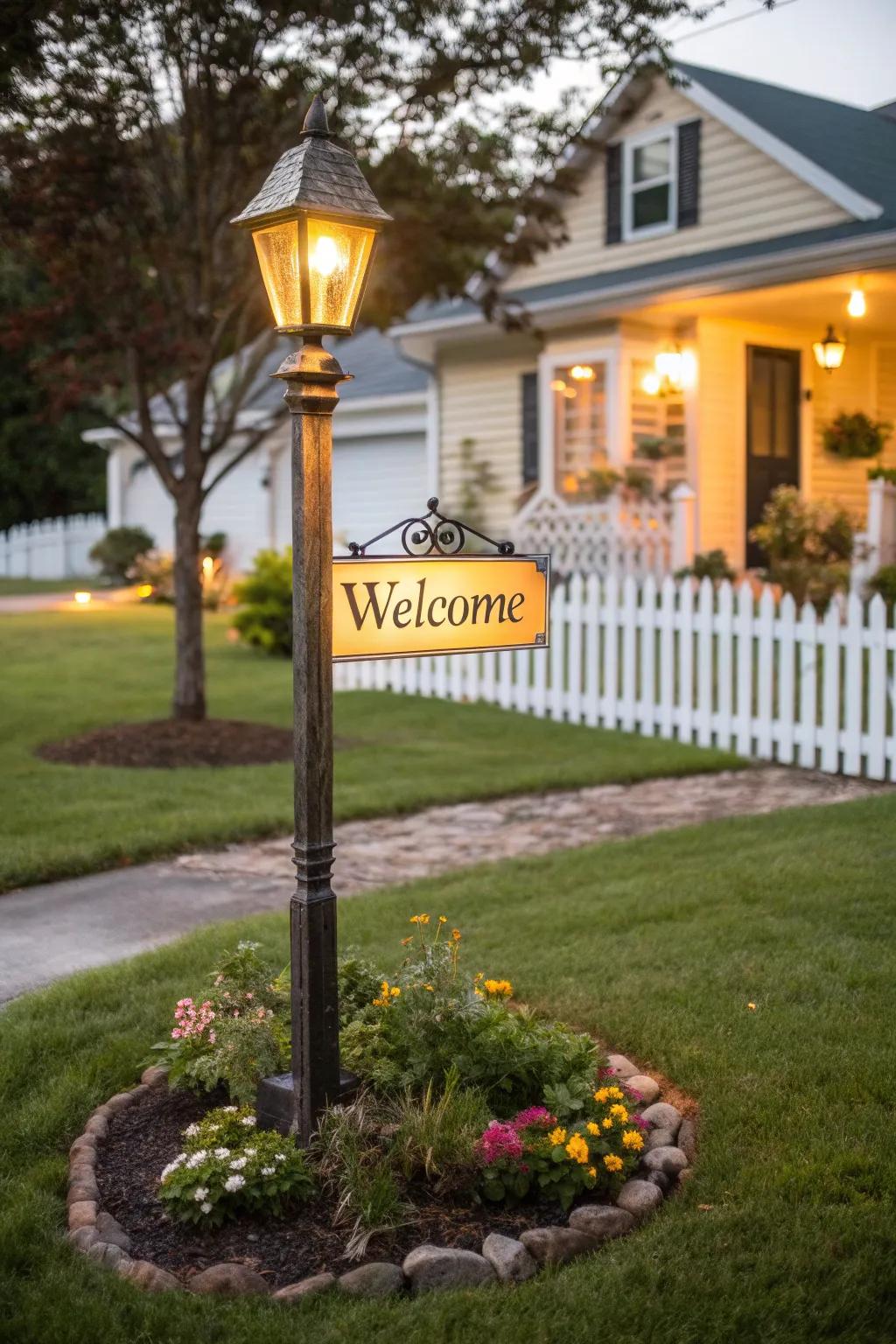 Lamp post with a friendly welcome sign