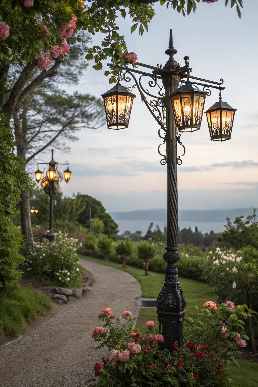 Vintage lamp post with charming lanterns