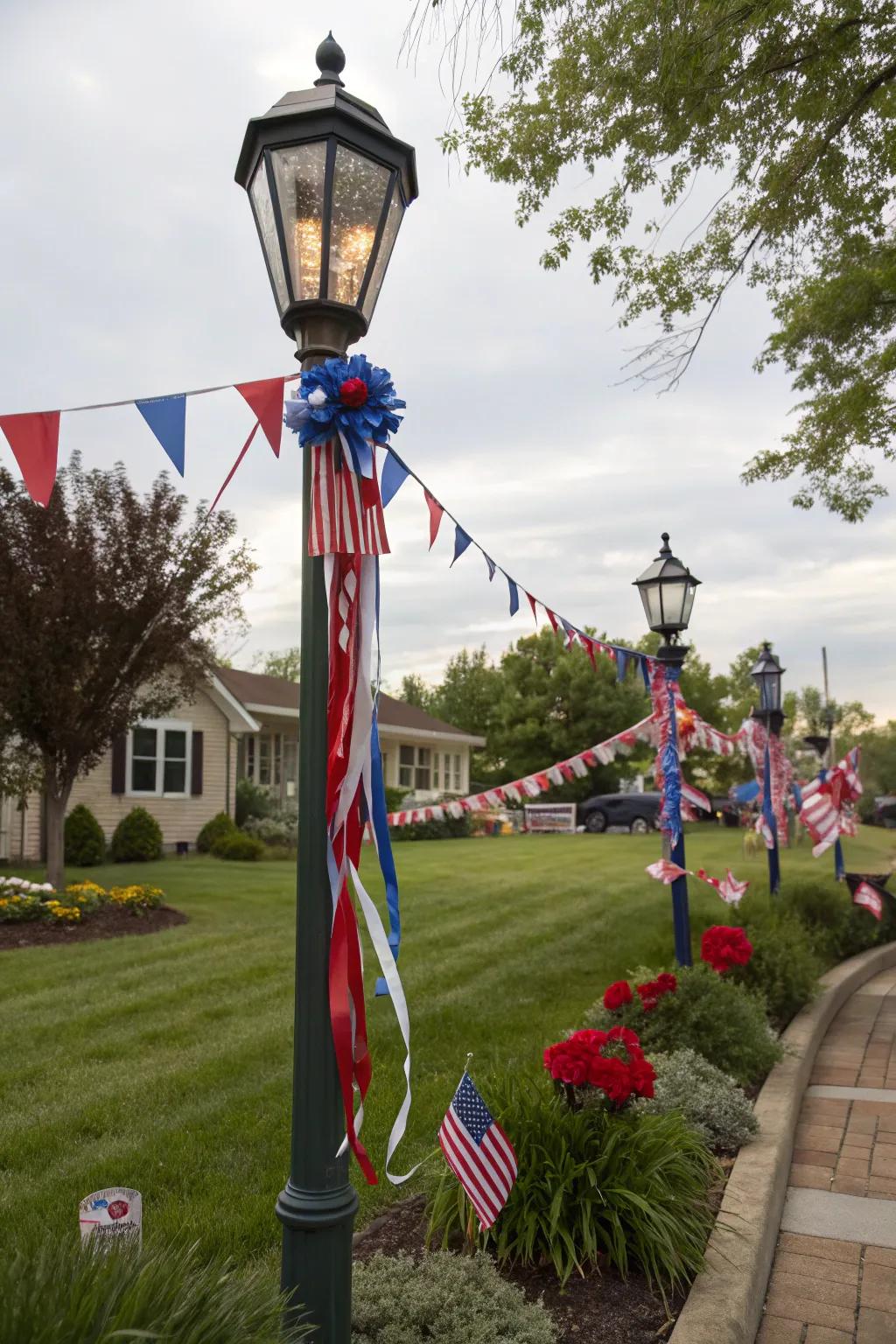 Patriotic lamp post with flags and ribbons