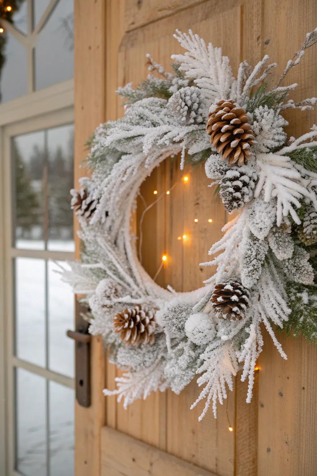 A wreath that captures the serene beauty of a snow-covered forest.